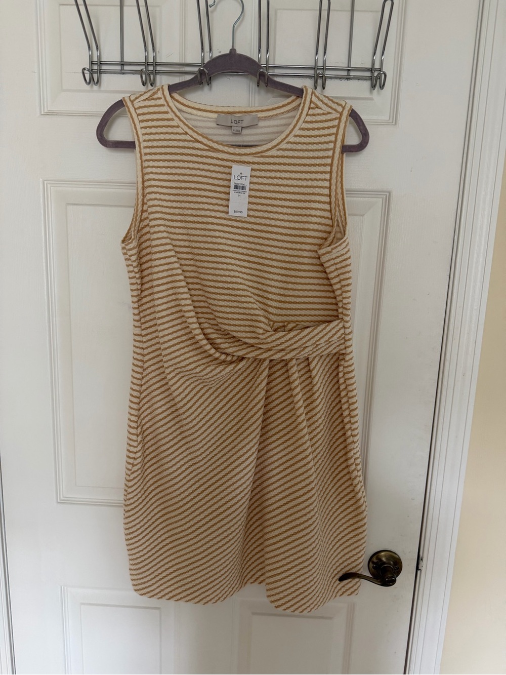 LOFT Cream and Tan Striped Sleeveless Twist-Waist Mini Dress